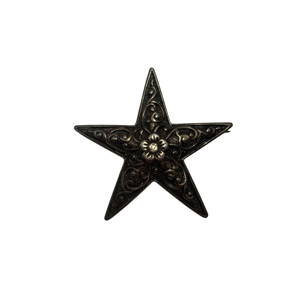 Vintage Signed Agnew Silver Tone Swirl Flower Pattern Star Brooch Pin